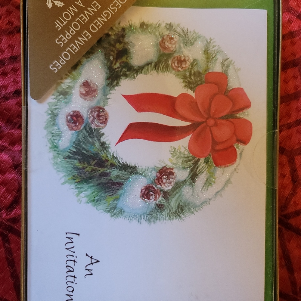 Christmas card invitations, wreath, pine cones, American Greetings